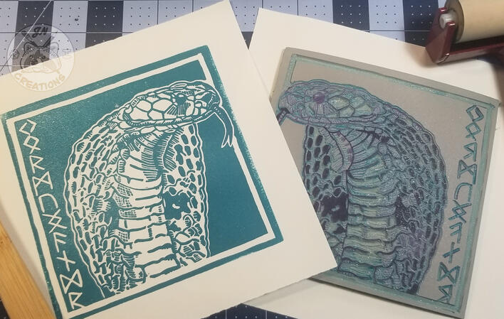 Jormangundr - Animals of Norse Lore series - Linoleum block print on off-white paper